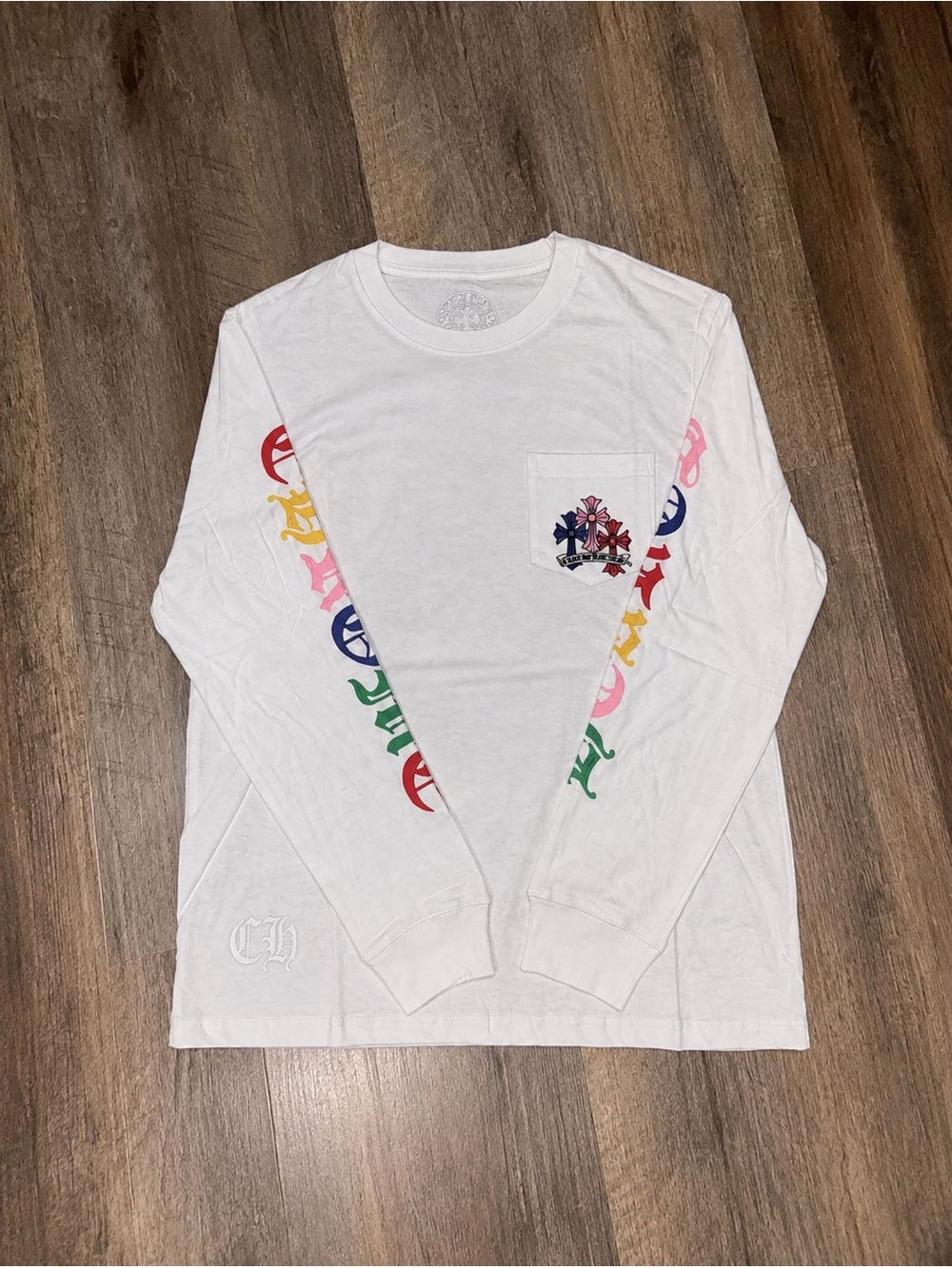 Chrome heart White Long-Sleeve Pocket Tee with Multicolor Sleeve Graphics